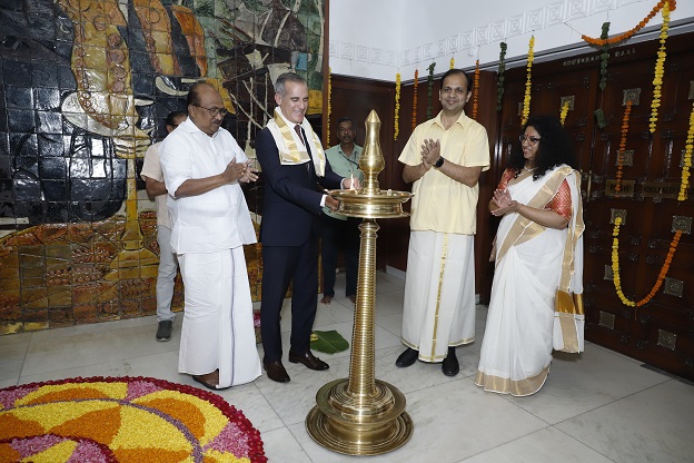 US Ambassador to India Ambassador Eric Garcetti lighting the lamp in Kerala House during Onam festival