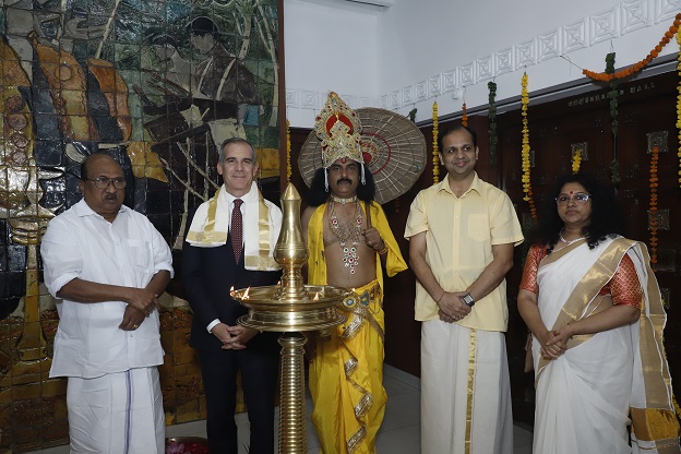 US Ambassador to India Ambassador Eric Garcetti is greeted by Maveli, the legendary king with whom celebration of Onam is associated with.